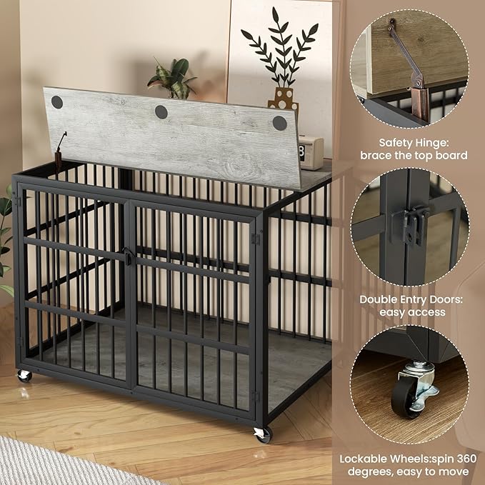 Rovibek Dog Crates for Large Dogs 38.4", Heavy 2 Doors 4 Wheels,