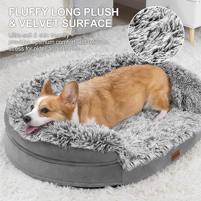 3.7 inch Thickened Orthopedic Dog Beds for Small Dogs, Supportive Dog Sofa Bed with 28D Egg-Crate Foam, Removable Washable Plush Cover, Waterproof Lining, Half-Round Design for Puppy,Senior Dog