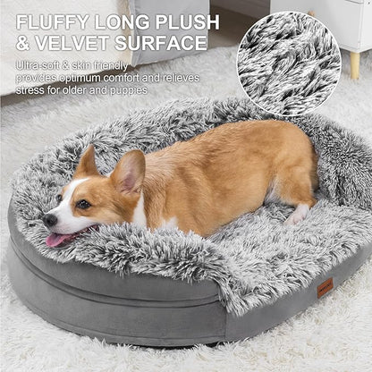 3.7 inch Thickened Orthopedic Dog Beds for Small Dogs, Supportive Dog Sofa Bed with 28D Egg-Crate Foam, Removable Washable Plush Cover, Waterproof Lining, Half-Round Design for Puppy,Senior Dog