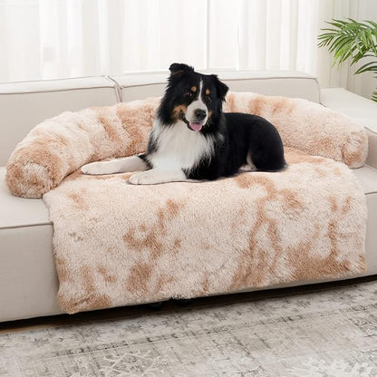 Syalife Shaggy Plush Calming Dog Couch Bed Pet Protector Cover(41"x37"x6", Moka/White)