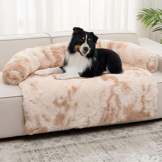 Syalife Shaggy Plush Calming Dog Couch Bed Pet Protector Cover(41"x37"x6", Moka/White)