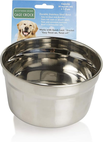 Lixit Quick Lock Removable Dog Kennel Bowls for Wire and Soft Sided Crates (20oz Wire Cage, Stainless Pack of 2)