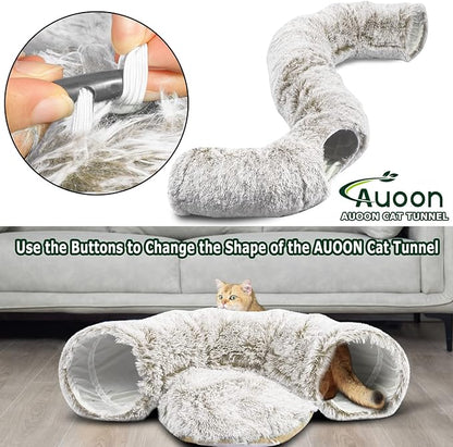 AUOON Cat Tunnel Bed with Central Mat,Big Tube Playground Toys,Soft Plush Material,Full Moon Shape for Kitten,Cat,Puppy,Rabbit,Ferret (Khaki)