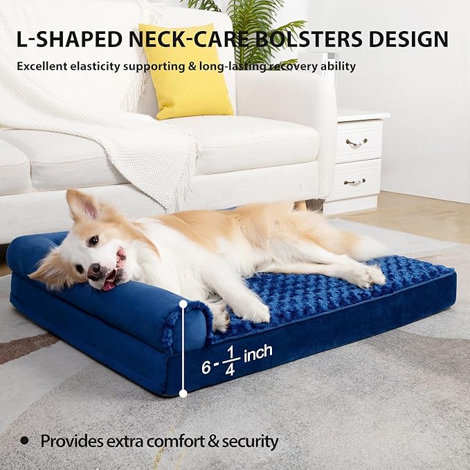 Orthopedic Dog Bed Deluxe Plush L-Shaped Dog Couch Beds with Waterproof Lining Bolster Dog Sleeping Sofa with Removable Washable Cover & Nonskid Bottom Pet Bed for Medium Large Jumbo Dogs 36 x 27 Inch