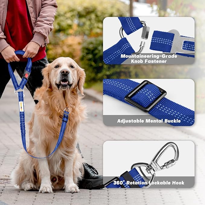 Dog Seat Belt for Car, Adjustable 4-in-1 Dog Car Seatbelt Leash with Hook & Buckle, Reflective Dog Seatbelt Harness for Car with Vehicle Headrest & Swivel Carabiner and Poop Bag, Royal Blue