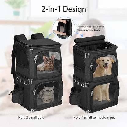 Double-Compartment Pet Carrier Backpack for Small Cats and Dogs, Cat Travel Carrier for 2 Cats, Perfect for Traveling/Hiking/Camping, Black