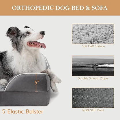 Waterproof Orthopedic Foam Dog Beds for Extra Large Dogs, XL Dog Bed with Bolster, Washable Dog Bed Sofa Pet Bed with Removable Cover & Non-Slip Bottom(X-Large,Grey)