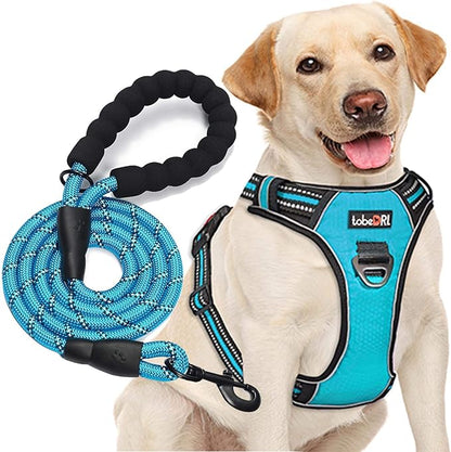 tobeDRI No Pull Dog Harness Adjustable Reflective Oxford Easy Control Medium Large Dog Harness with A Free Heavy Duty 5ft Dog Leash (L (Neck: 18"-25.5", Chest: 24.5"-33"), Blue Harness+Leash)