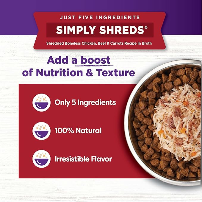 Wellness Bowl Boosters Simply Shreds Natural Grain Free Wet Dog Food Mixer or Topper, Chicken, Beef & Carrots, 2.8-Ounce Pouch(Pack of 12)