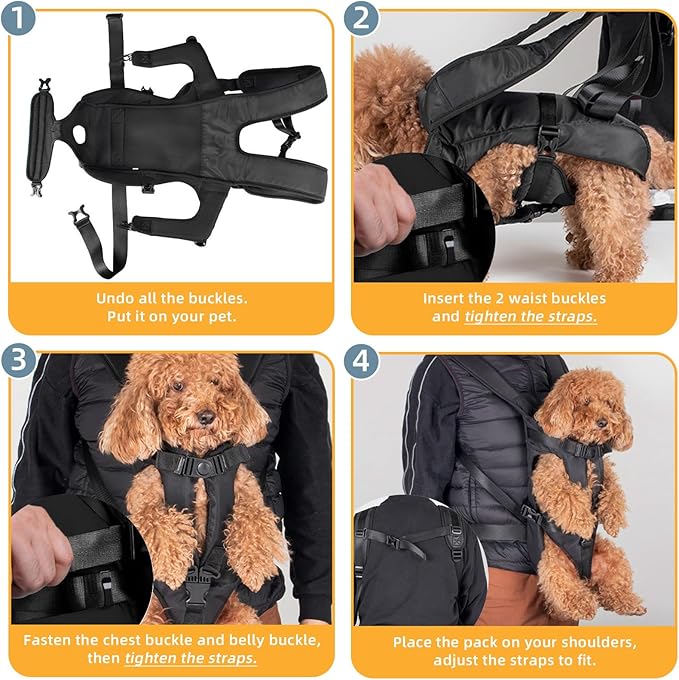 Dog Front Carrier Backpack, Dog Backpack Carrier Soft Pad, Pet Legs Out, Easy-Fit Dog Front Carrier for Small Medium Puppy, Hands Free Dog Carrier Adjustable for Cycling Hiking (Black, S)