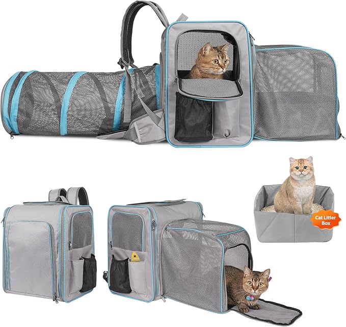 Cat Backpack Carrier with Litter Box, Expandable Portable Cat Carrier Backpack with Cat Tunnel, Cat Travel Carrier with Litter Box, up to 20 lb to Road Trip, Camping, Hiking, Grey