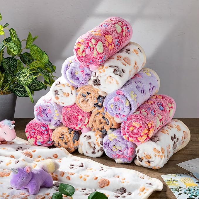 40 Pieces Blankets Soft Fluffy Fleece Washable Pet Blanket Dog Blanket Paw Print Pattern Fleece Blankets for Pets Puppy Blankets Fleece Throw Warm Bed Mat for Dog Puppy Cat, 24 x 16 Inches, 4 Colors