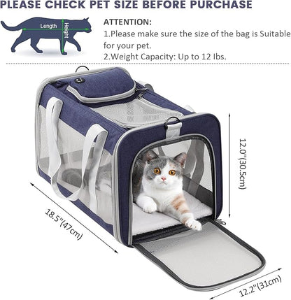 Cat Carrier Dog Carrier Portable Pet Carrier, Soft Sided Fat Cat Carrier Medium Airline Approved, Foldable Bunny Puppy Cat Carrier up to 20lbs, Cat Bag Carrier for Travel (Blue)