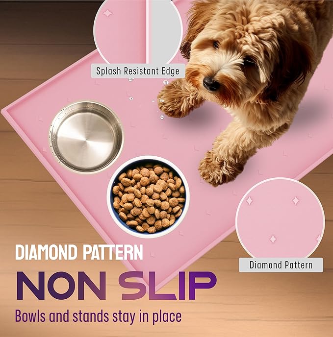 Dog Food Mat - 28x18” Large Cat Food Mat, Raised Edges Dog Mat for Food and Water Prevent Spill, Waterproof Silicone Pet Food Mat for Floors, Easy Clean Dog Bowl Mats for Food and Water