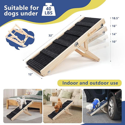 Wooden Folding Dog Ramp for Bed, Non-Slip Adjustable Pet Ramp for Couch for Small Medium Doggie 31.5" Long 4 Levels H9.5 to 18.5" with 5 Paw Traction Mat Cat Ramps for Car Sofa (Up to 40 Lbs)