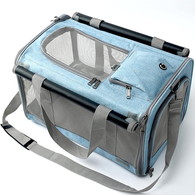 HSC PET Cat Carrier Blue Small Dog Bag,Soft-Sided Temporary Kennel for Puppy Traveling,5 Ventilated Mesh Windows with Curtains,18lb Puppy or 20lb Cat/Kittens