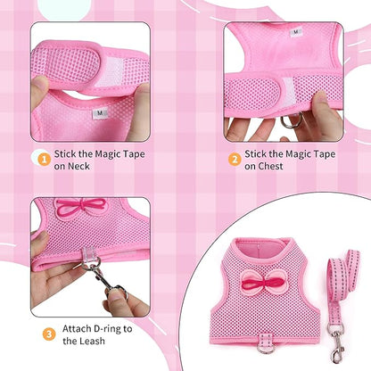 AIITLE Bunny Harness and Leash Set, Soft Breathable Mesh Vest Harness with Cute Bow for Rabbits Kitten Ferret Small Pig Puppy Walking Supplies Pink M