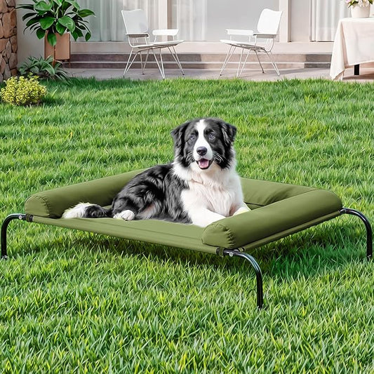 WESTERN HOME WH Elevated Dog Bed Cot, Raised Outdoor Dog Bed with Bolster for Large Dogs, Slightly Chew Proof Portable Cooling Pet Cot with Breathable Mesh, Skid-Resistant Feet, Green,43 inches