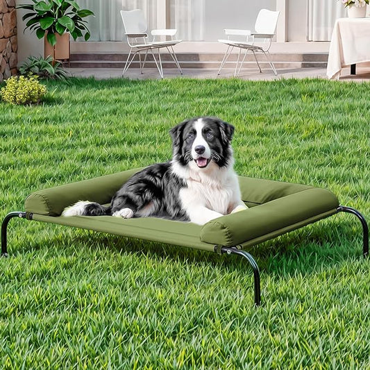 WESTERN HOME WH Elevated Dog Bed Cot, Raised Outdoor Dog Bed with Bolster for Large Dogs, Slightly Chew Proof Portable Cooling Pet Cot with Breathable Mesh, Skid-Resistant Feet, Green, 36 inches