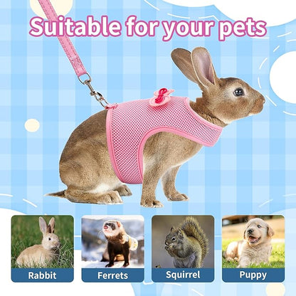 AIITLE Rabbit Harness and Leash Set with Cute Bow, Adjustable Bunny Harness Escape Proof for Rabbits Kitten Ferret Puppy Small Pets Walking Runnig Hiking Camping Outdoor Pink L