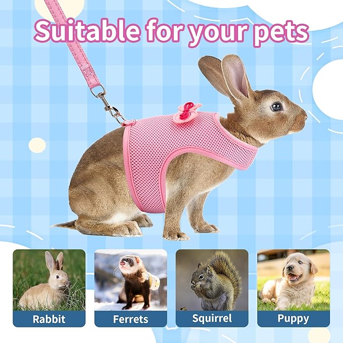 AIITLE Bunny Harness and Leash Set, Soft Breathable Mesh Vest Harness with Cute Bow for Rabbits Kitten Ferret Small Pig Puppy Walking Supplies Pink M