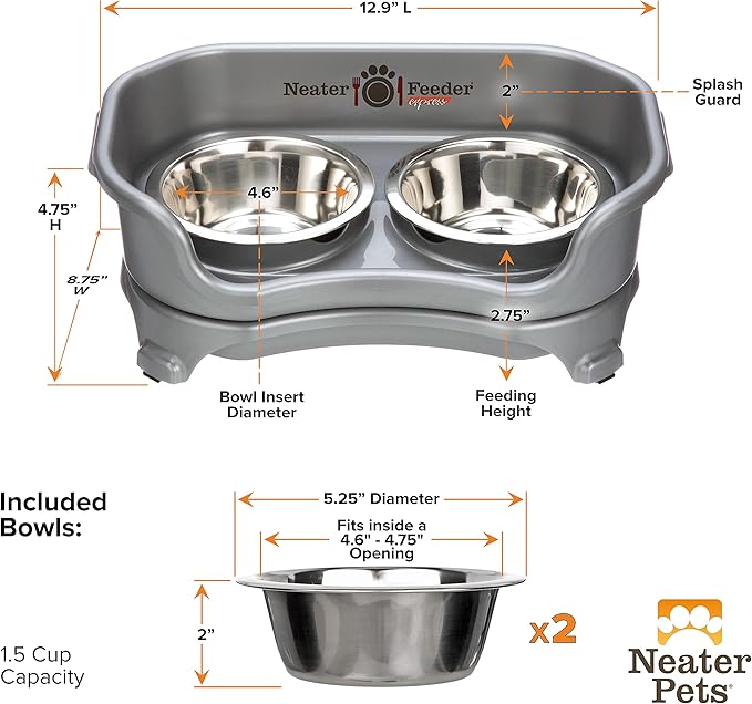 Neater Feeder - Express Model - Mess-Proof Dog Bowls (Small, Gunmetal Grey) – Made in USA – Elevated, No Spill, Non-Tip, Non-Slip, Raised Stainless Steel Food & Water Pet Bowls