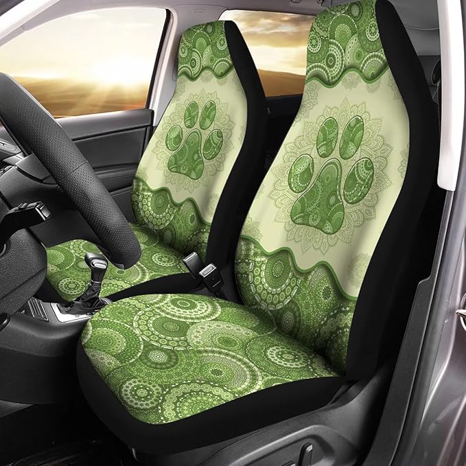 Green Boho Dog Paw Mandala Print Thin Washable Auto Interior Accessory 2 Pack