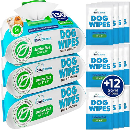 Dog Wipes for Paws Butt and Ears - 3 Pack | 390 Count + 12 Travel Pet Wipes - 8" x 8" Large Dog Grooming Bath Wipes - Hypoallergenic, Extra Thick Cleaning Deodorizing Puppy Wipes for Dogs, Cats, Pets