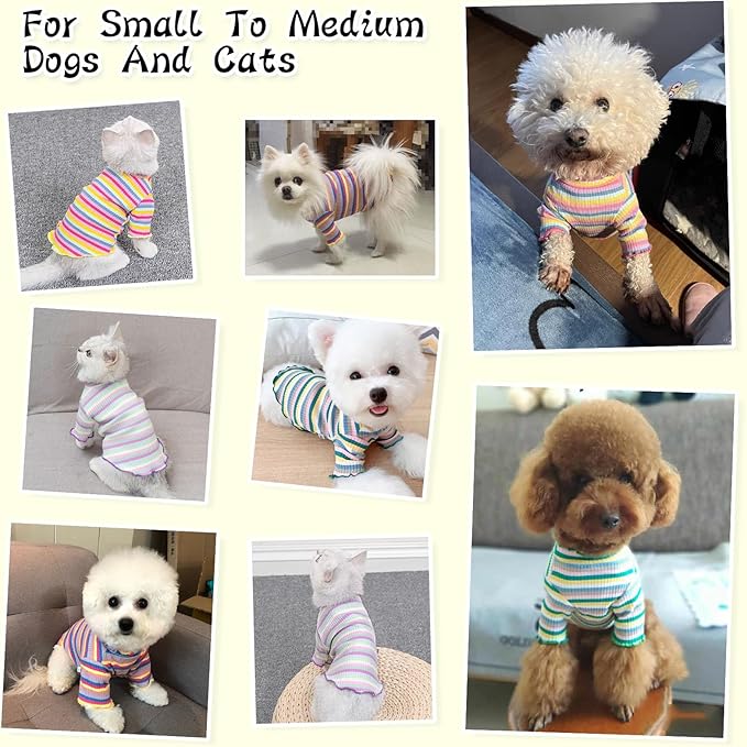Small Medium Dog Clothes Rainbow Striped Dog Shirts Stretchable Long Sleeve Cat T-Shirt Pet Outfits for Chihuahua Yorkie Teddy (Yellow Edge