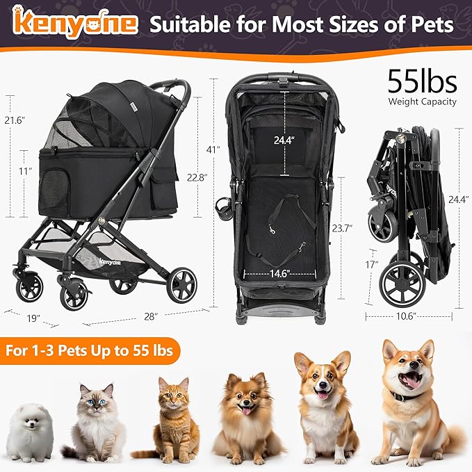 Kenyone Pet Stroller for Small to Medium Dogs Durable Cat Stroller with Lightweight Aluminum Frame