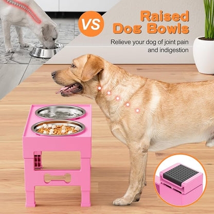 Elevated Dog Bowls 5 Height Adjustable Non-Slip Stand Adjusts to 3.1", 9", 10", 11", & 12" with 2 Stainless Steel Raised Dog Food Bowl for Medium Large Dogs and Pets (Pink)