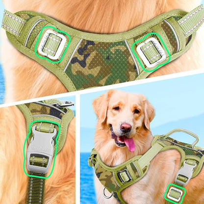 BARKBAY No Pull Dog Harness Large Step in Reflective Dog Harness with Front Clip and Easy Control Handle for Walking Training Running with ID tag Pocket(Camo