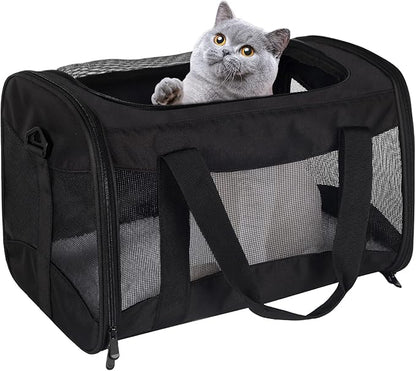 Cat Carrying Case - Pet Carrier Airline Approved, Protable and Breathable Pet Travel Carrier Removable Fleece Pad, Collapsible Cat Carrier Dog Carrier for Medium Cats Small Cats Dogs(Medium, Black)