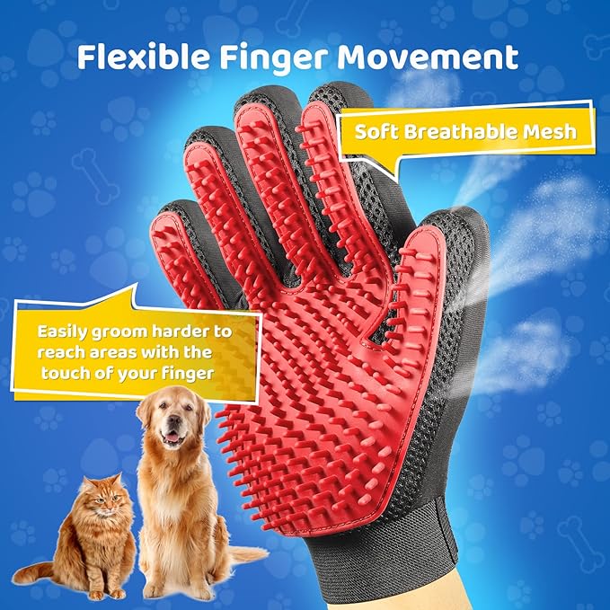 Upgrade Version Pet Grooming Glove - Gentle Deshedding Brush Glove - Efficient Pet Hair Remover Mitt - Enhanced Five Finger Design - Perfect for Dog & Cat with Long & Short Fur - 1 Pair