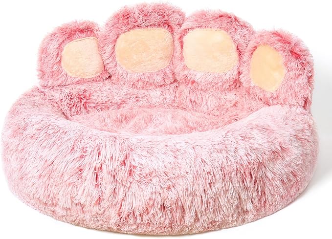 Jiupety Cute Pink Round Calming Dog Bed of Paw Shape