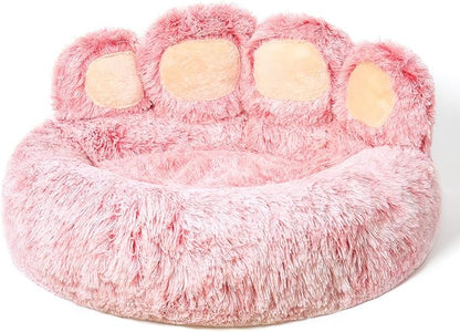 Jiupety Cute Pink Round Calming Dog Bed of Paw Shape