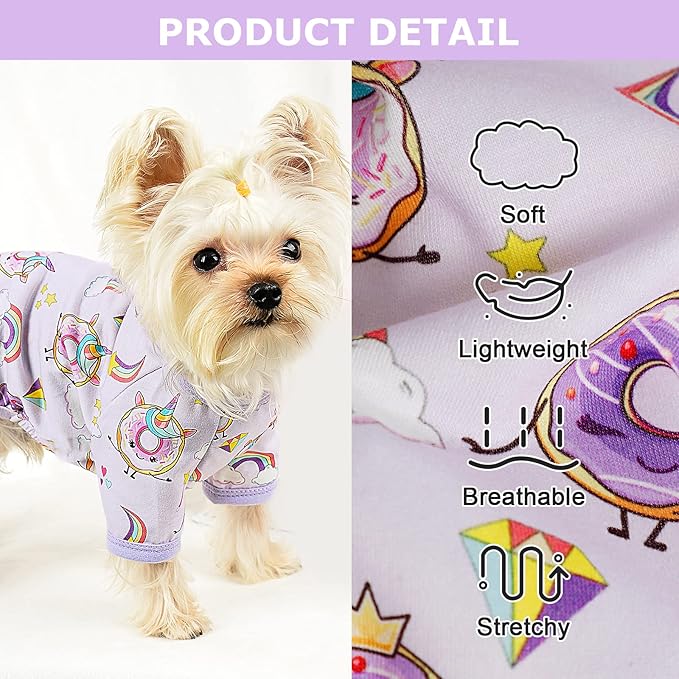 Funny Donut Dog Pajamas, Dog Summer Clothes for Small Dogs Girl Boy, Lightweight Stretchy Pet Jumpsuit, Cat Onesie, Purple, XSmall