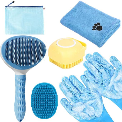 Bath Grooming Kit with Hair Brush, Towel & Scrubber Gloves - 6-in-1 Slicker Brush for Shedding Dogs & Cats, Blue