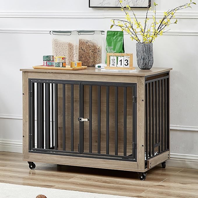 Okak Dog Crate Furniture Side Table Wooden Dog Crate with 2 Feeding Bowls on Casters Heavy-Duty Dog Kennel Indoor for Medium/Large Dog Opening,Grey,38.58" W