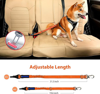 IOKHEIRA Dog Seatbelt, Orange Dog Seat Belt, Adjustable Dog Seatbelt Harness, Reflective Bungee Dog Car Seatbelt with Hook& Buckle, Dog Car Seat Belt with Aviation Aluminum Alloy Swivel Carabiner