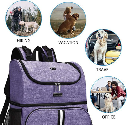 BAGLHER Pet Travel Bag, Double-Layer Pet Supplies Backpack (for All Pet Travel Supplies), Pet Travel Backpack with 2 Silicone Collapsible Bowls and 2 Food Baskets Purple