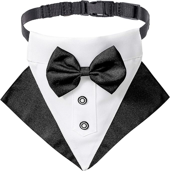 ADOGGYGO Formal Dog Tuxedo Wedding Dog Bandana Collar Dog Collar with Bow Tie Adjustable Dog Bowtie Collar Bandana for Medium Large Dog Pet (Large
