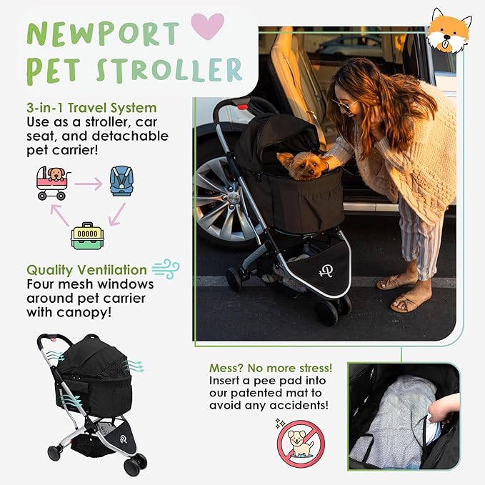 Petique 3-in-1 Newport Pet Stroller (Travel Carrier + Car Seat + Stroller) 360º Front 45LBS –