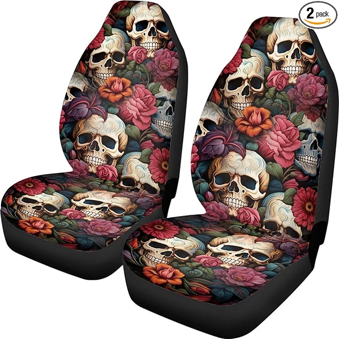 Floral Skull Car Seat Covers for Front Seats SUV Truck Van Sedans Bucket Seat Covers for Women Men