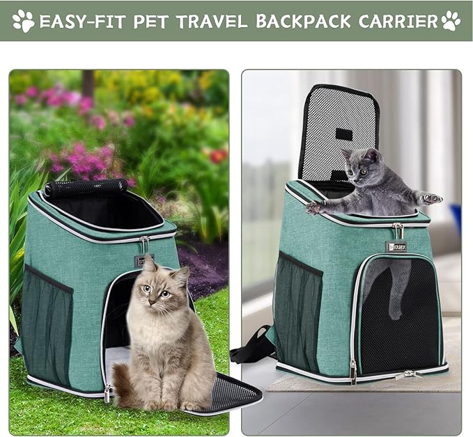 BAGLHER Cat Backpack Carrier, Mesh Pet Cat Carrier for Medium Small Dog Cat Puppy Kitten Bunny up to 18lbs, Dog Travel Backpack for Picnic Hiking Walking Cycling, Green