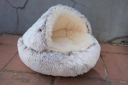 Calming Round Dog Beds &Cat Cave Bed with Hooded Cover 25.6X 25.6inch)