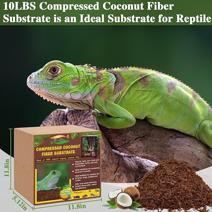 ZeeDix 10LB Compressed Coconut Fiber Substrate, 100% Organic Coco Coir Fiber Brick Husk Substrate Bedding for Reptiles, Geckos, Lizards, Tortoises, Ball Python, Frogs