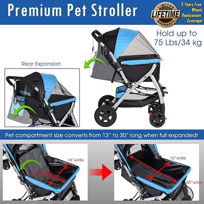HPZ PET Rover Premium Heavy Duty Dog/Cat/Pet Stroller Travel Carriage with Convertible Compartment/Zipperless Entry/Reversible Handlebar/Pump-Free Rubber Tires for Small