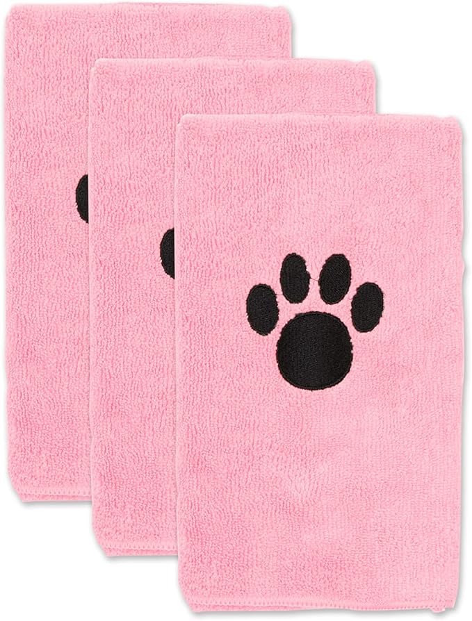 Bone Dry Pet Grooming Towel Collection Embroidered Absorbent Microfiber Drying Set 15x30, Pink, 3 Count