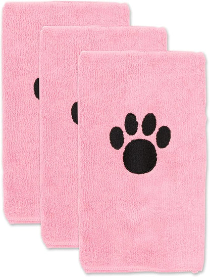 Bone Dry Pet Grooming Towel Collection Embroidered Absorbent Microfiber Drying Set 15x30, Pink, 3 Count